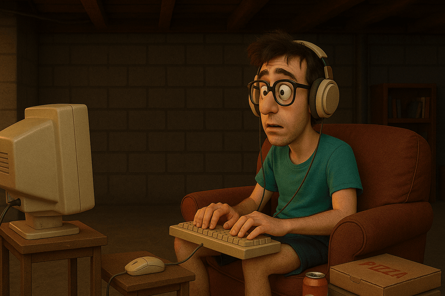 A worried young adult in a basement, symbolizing fear of failure to launch